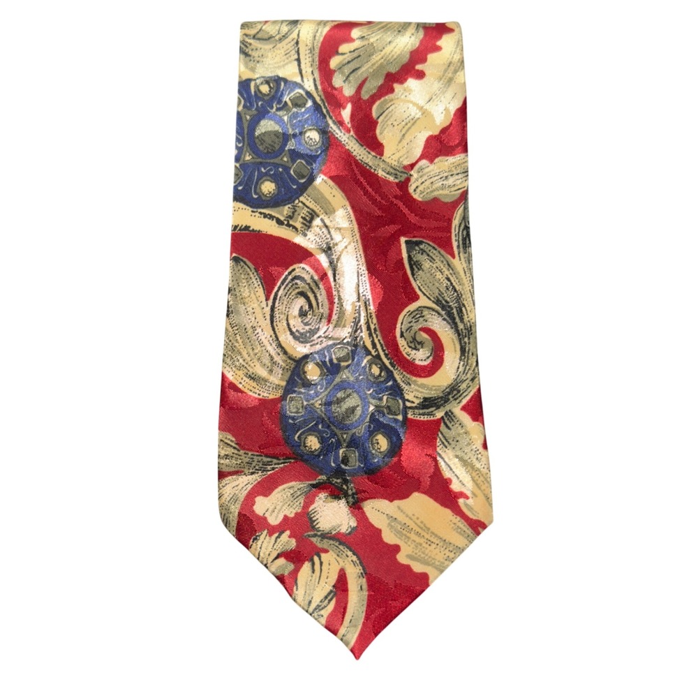 Vintage Envoy Necktie Mens OS Red Baroque‎ Scroll Medallion Pattern Classic